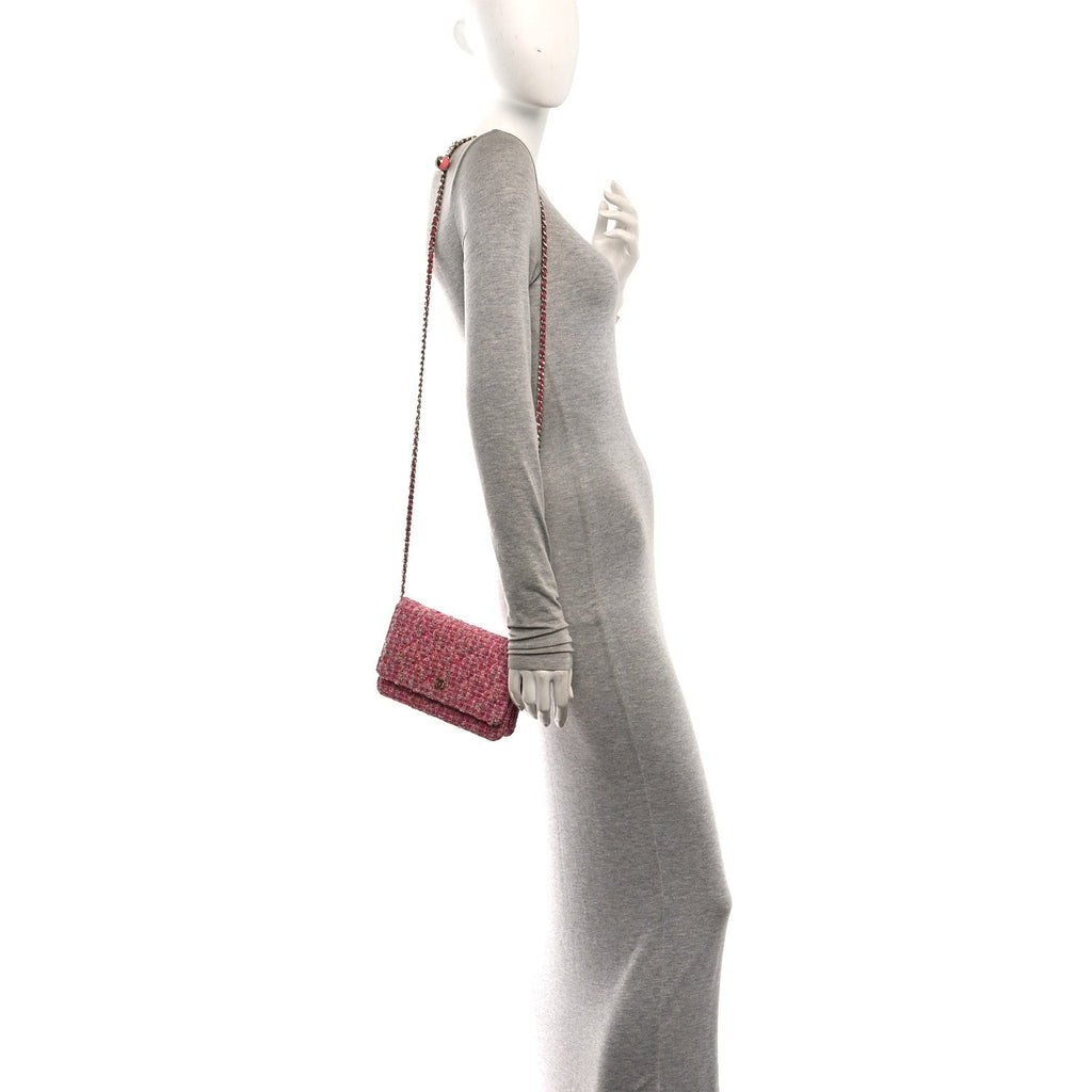 Tweed Quilted Wallet On Chain WOC Pink
