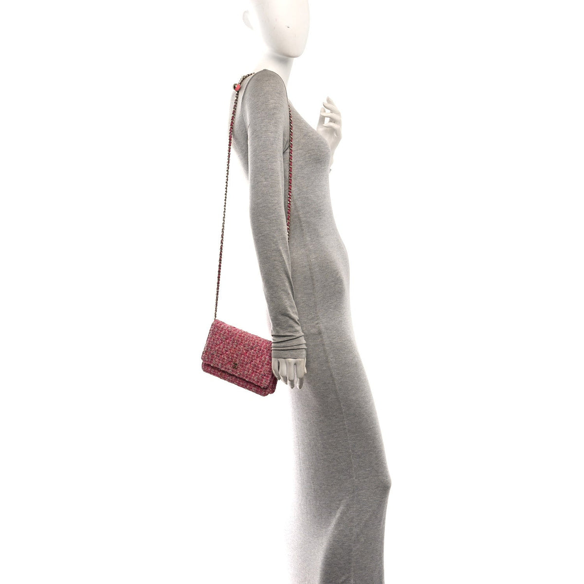 Tweed Quilted Wallet On Chain WOC Pink