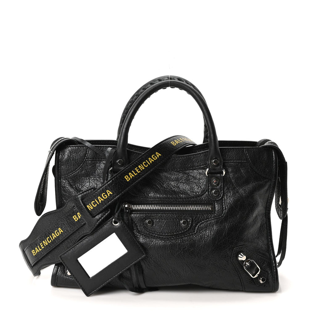 Agneau Classic Silver Hardware S City Logo Strap Black Jaune Soleil