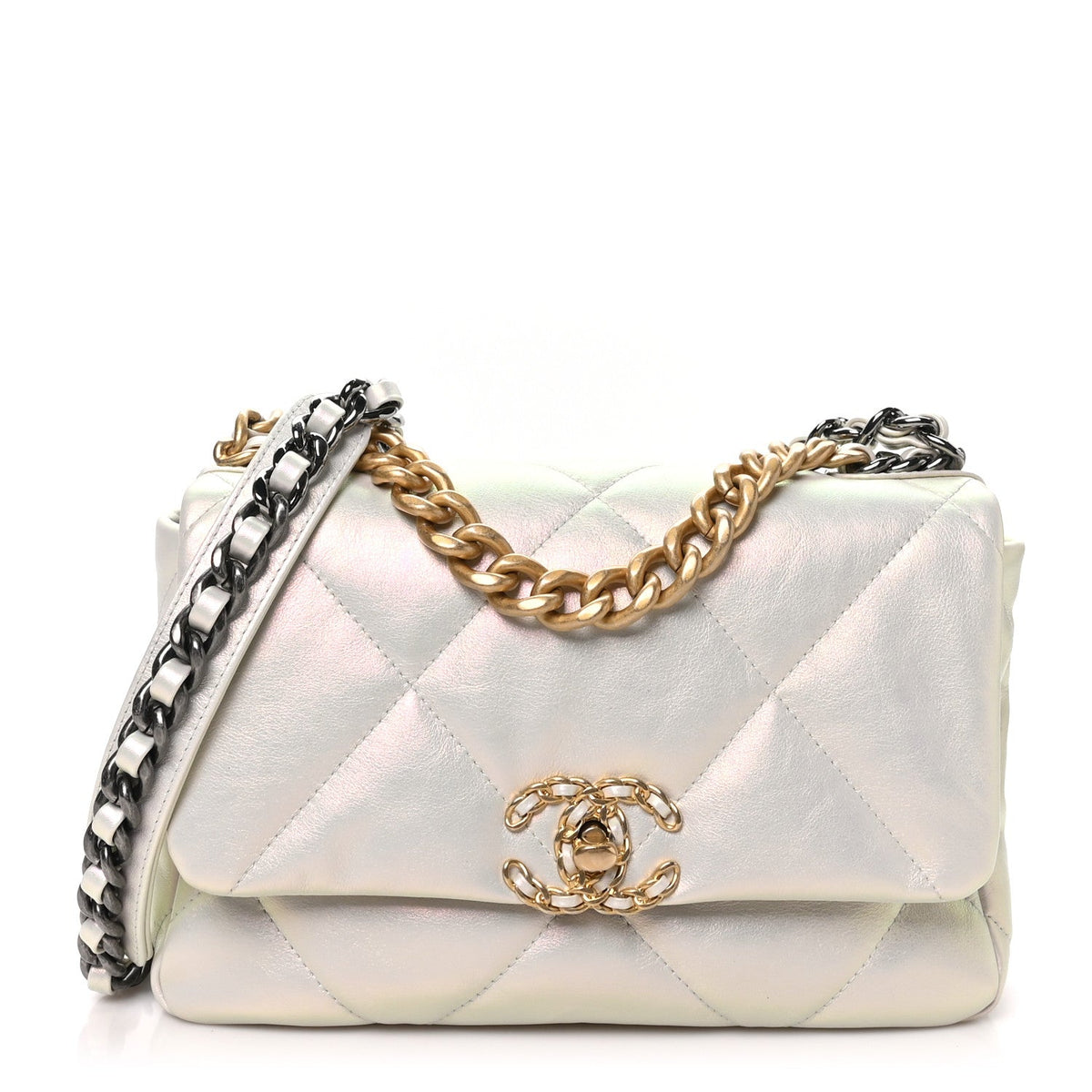 Iridescent Calfskin Quilted Medium Chanel 19 Flap White