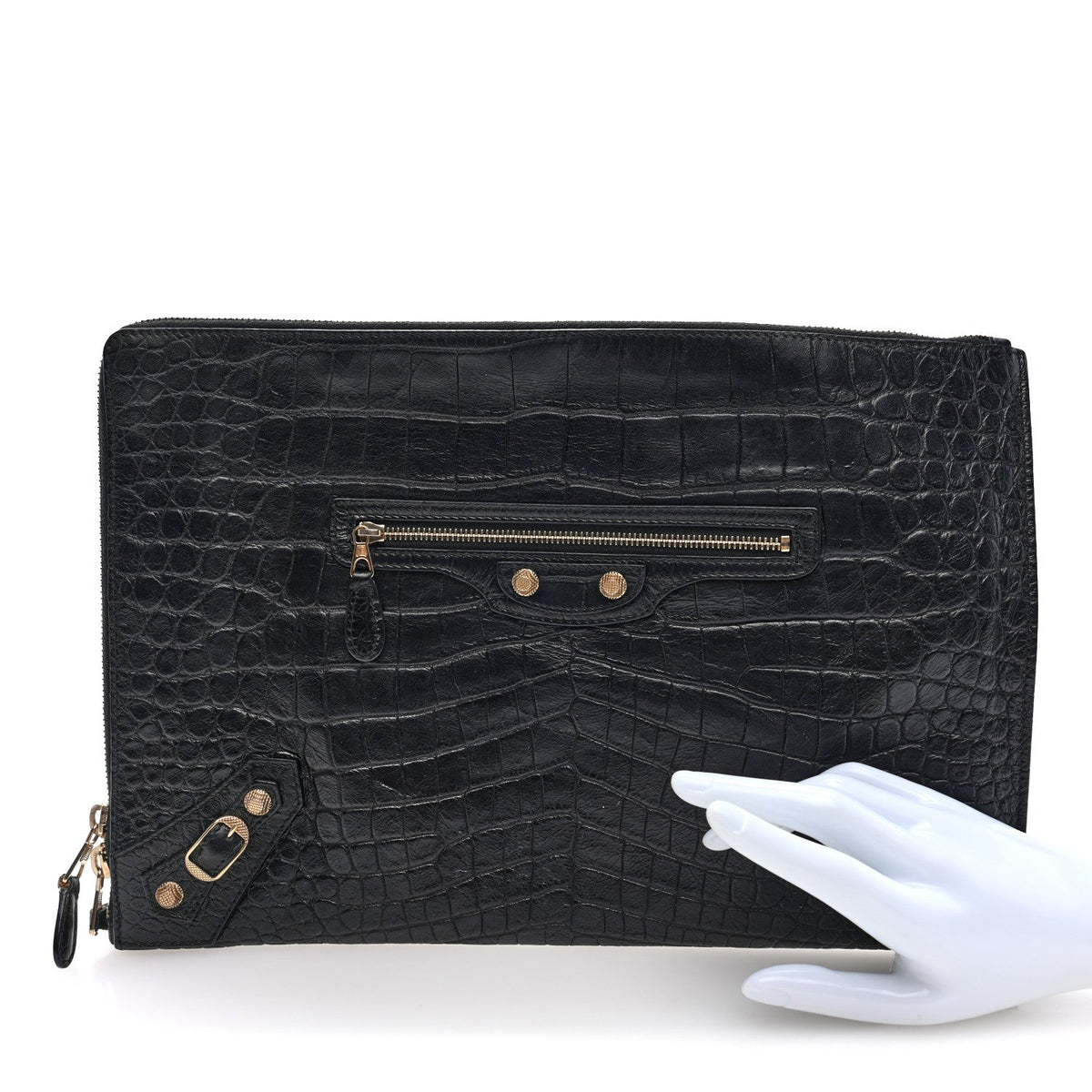 Crocodile Embossed Giant 12 Gold Hardware Pouch Clutch Black