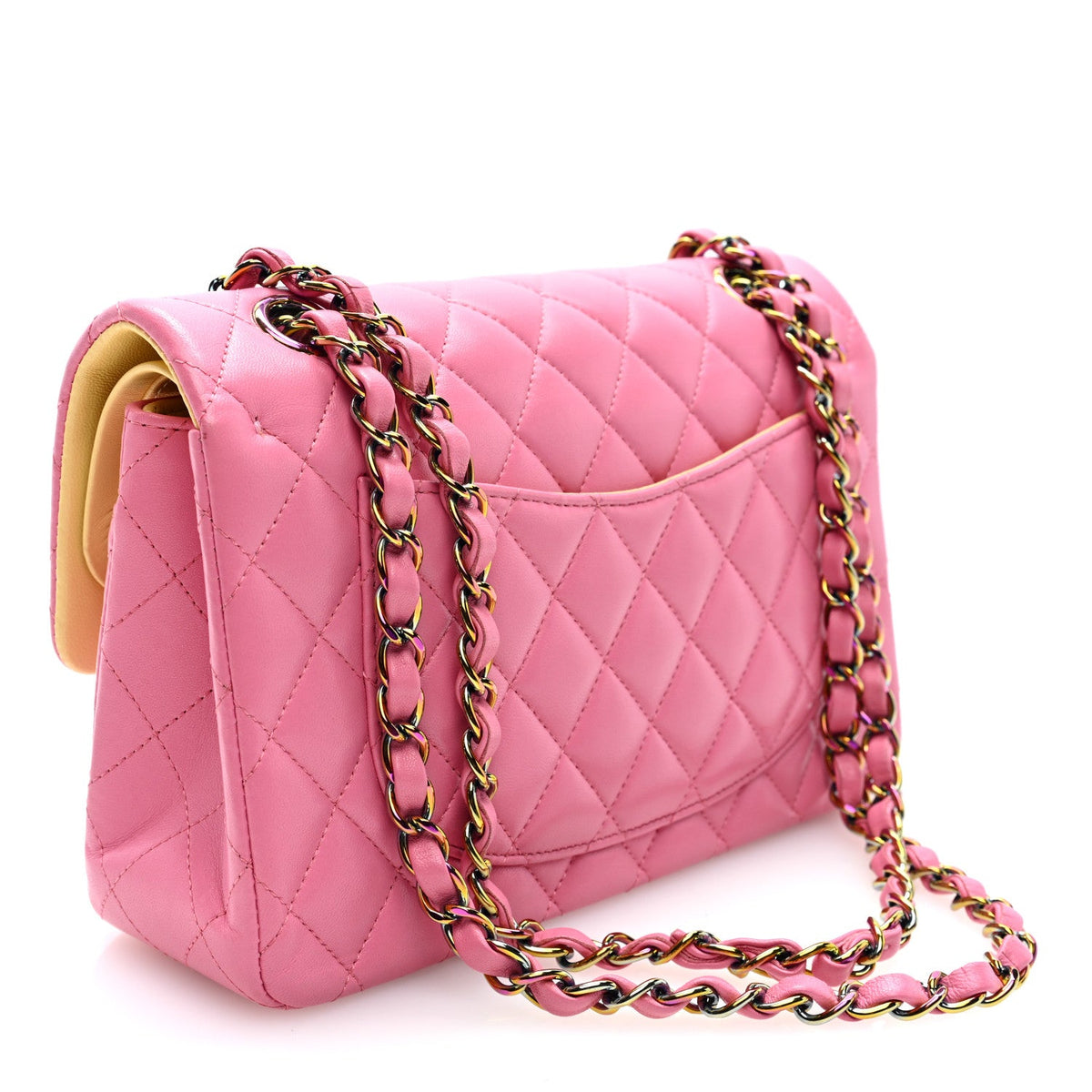 Lambskin Quilted Small Double Flap Pink Yellow