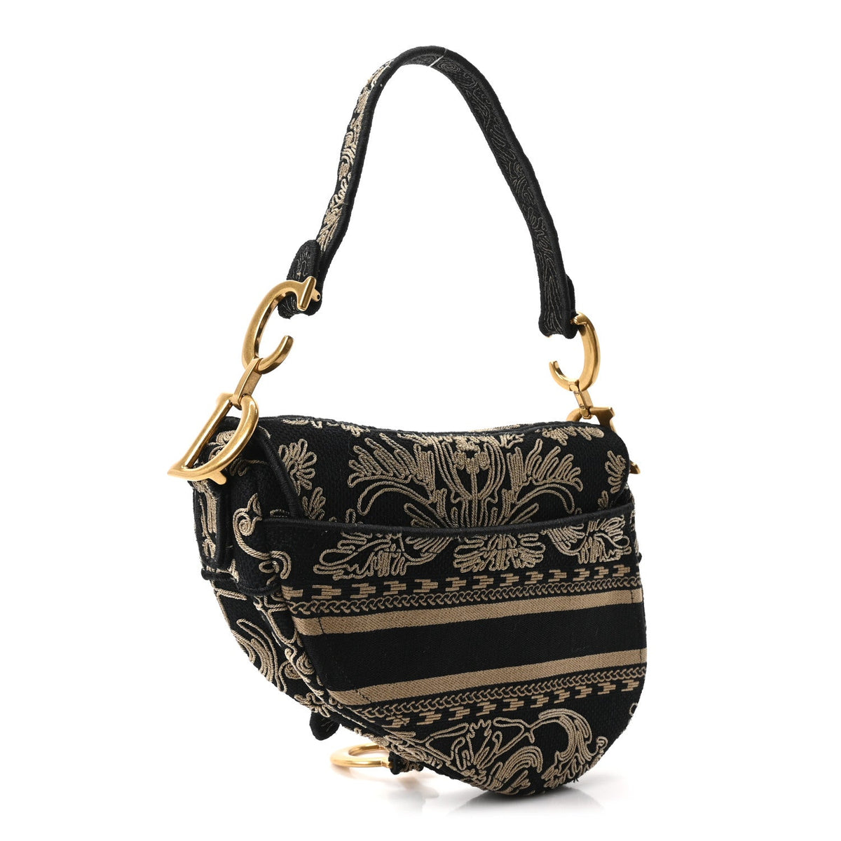 Canvas Embroidered Ornamental Cornely Saddle Bag Black Beige