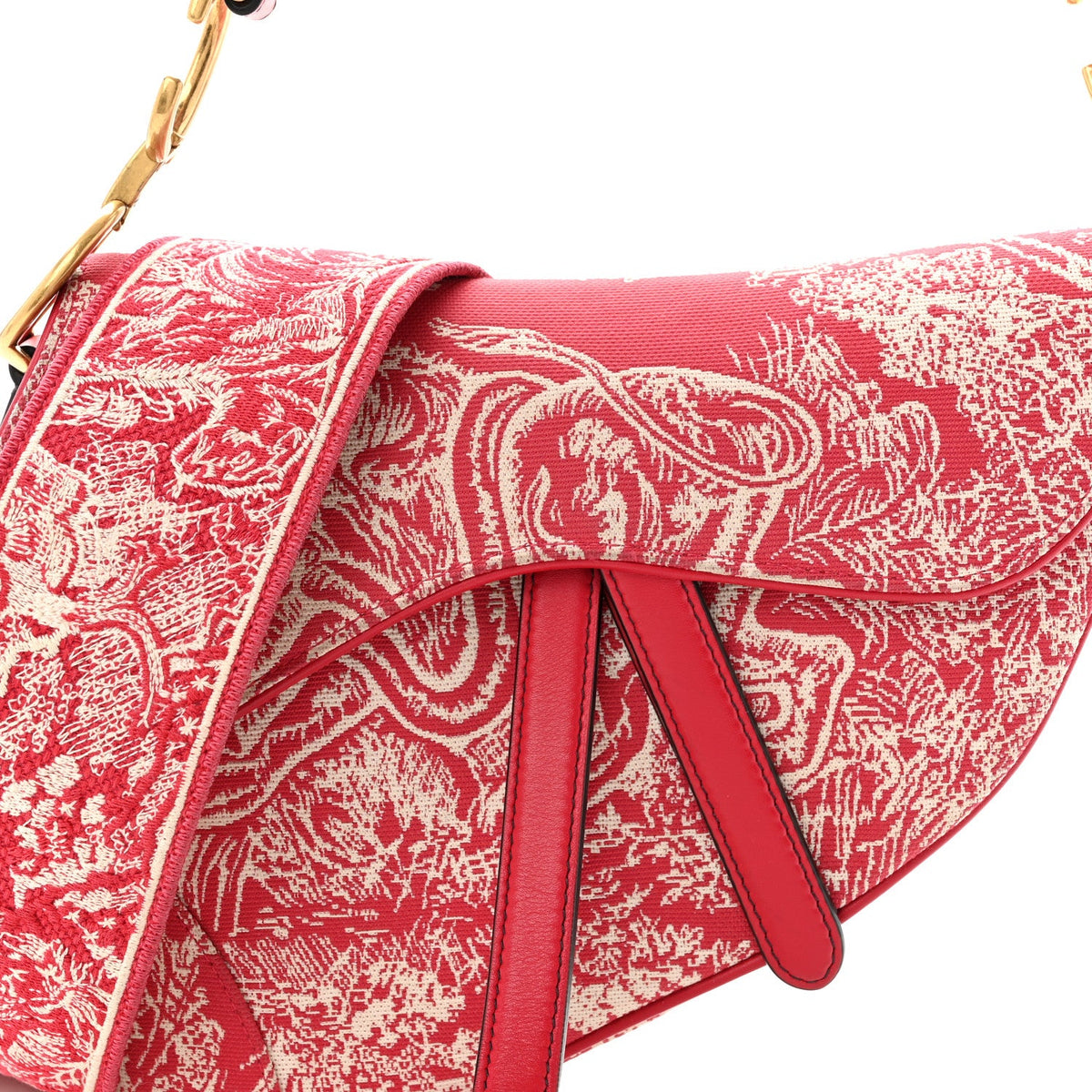 Canvas Reverse Embroidered Toile De Jouy Saddle Bag With Strap Red