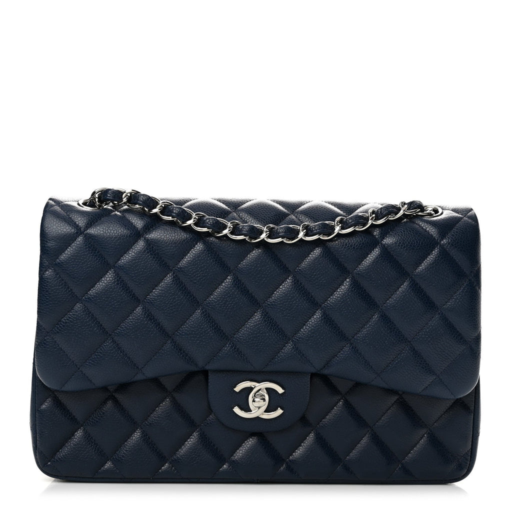 Caviar Quilted Jumbo Double Flap Navy Blue