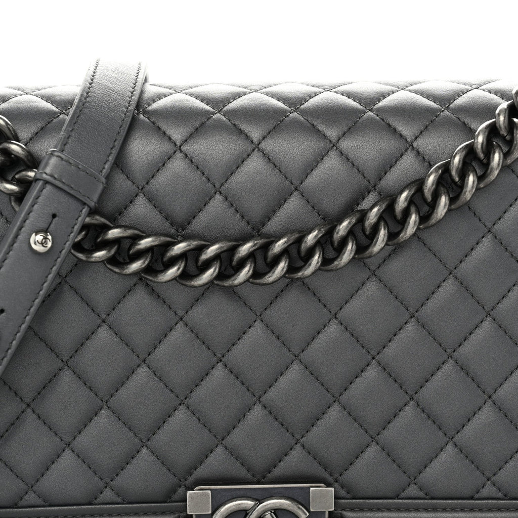 Metallic Calfskin Quilted New Medium Boy Flap Grey