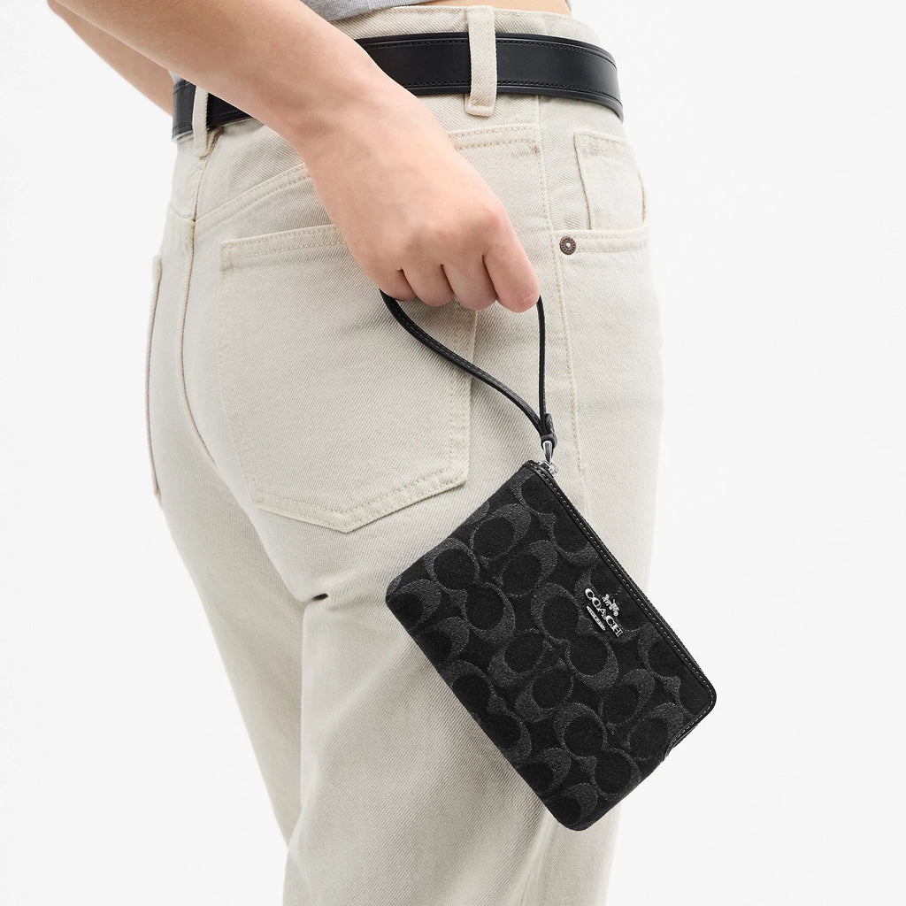Coach Outlet Corner Zip Wristlet In Signature Denim