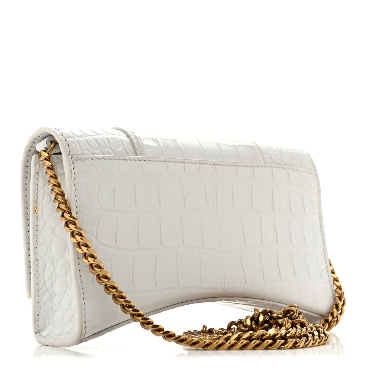 Shiny Calfskin Crocodile Embossed Hourglass Chain Bag White