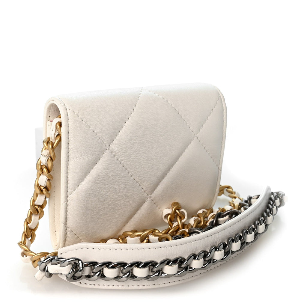 Lambskin Quilted Chanel 19 Flap Coin Purse With Chain White