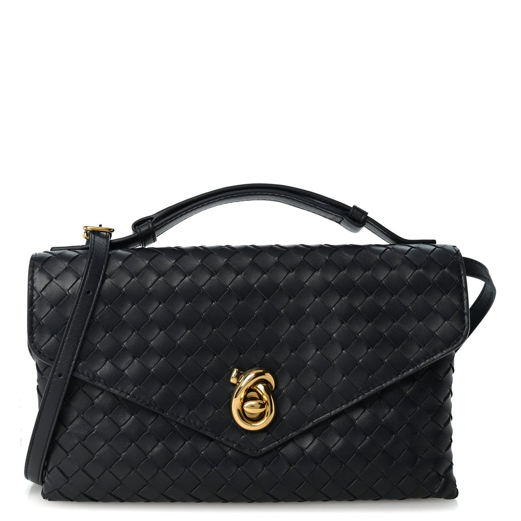 Nappa Intrecciato Knot Lock Top Handle Crossbody Bag Midnight