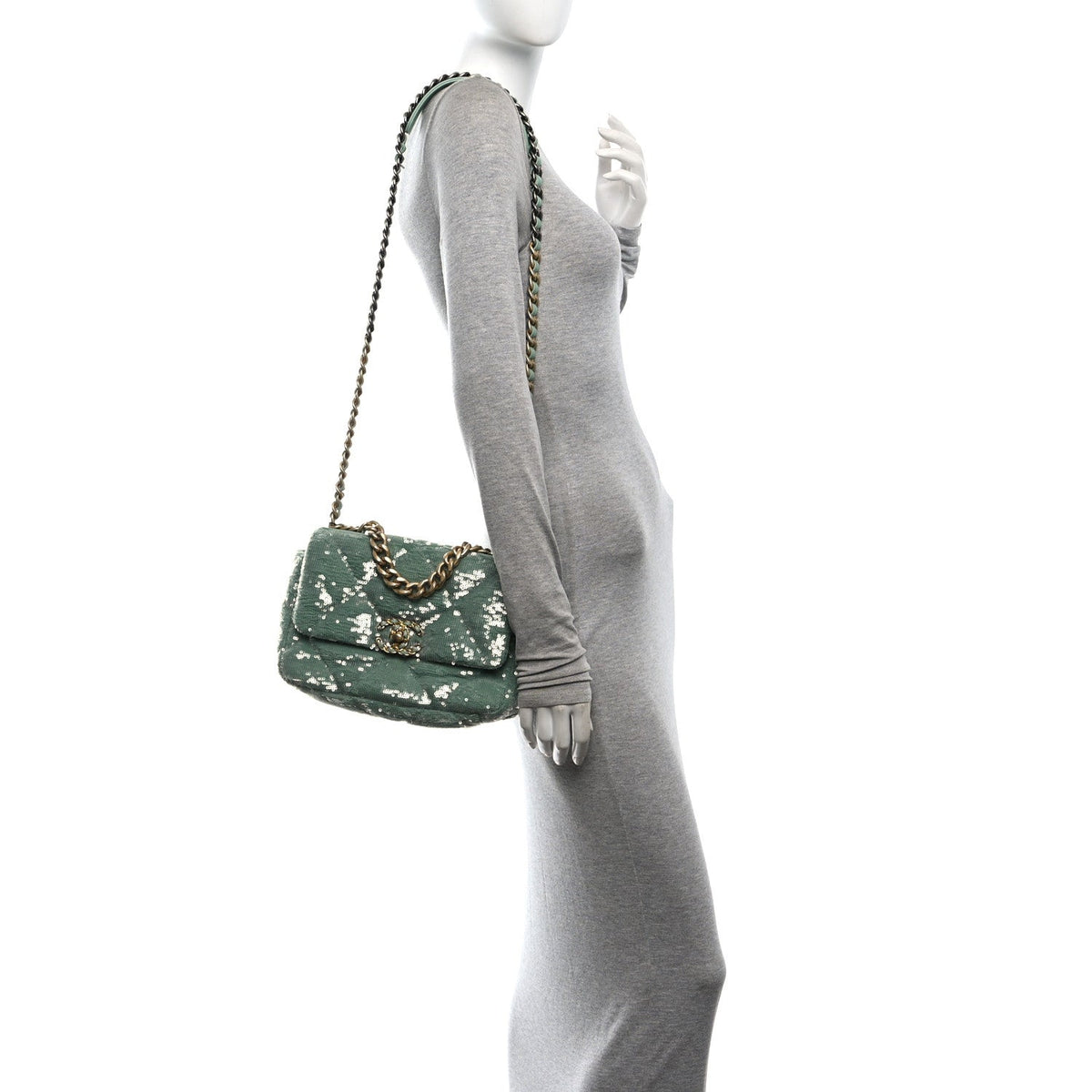 Sequin Quilted Medium Chanel 19 Flap Light Green