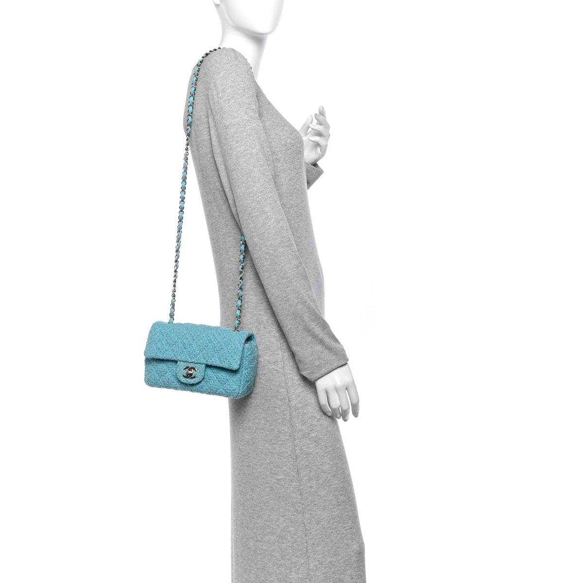 Wool Tweed Quilted Mini Rectangular Flap Turquoise Light Blue