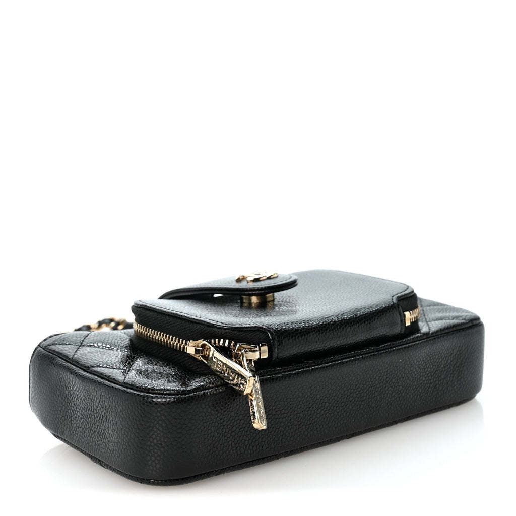 Caviar Quilted Business Affinity Phone Holder With Chain Black
