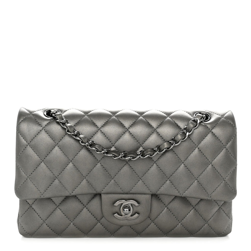Metallic Calfskin Quilted Medium Double Flap Ruthenium