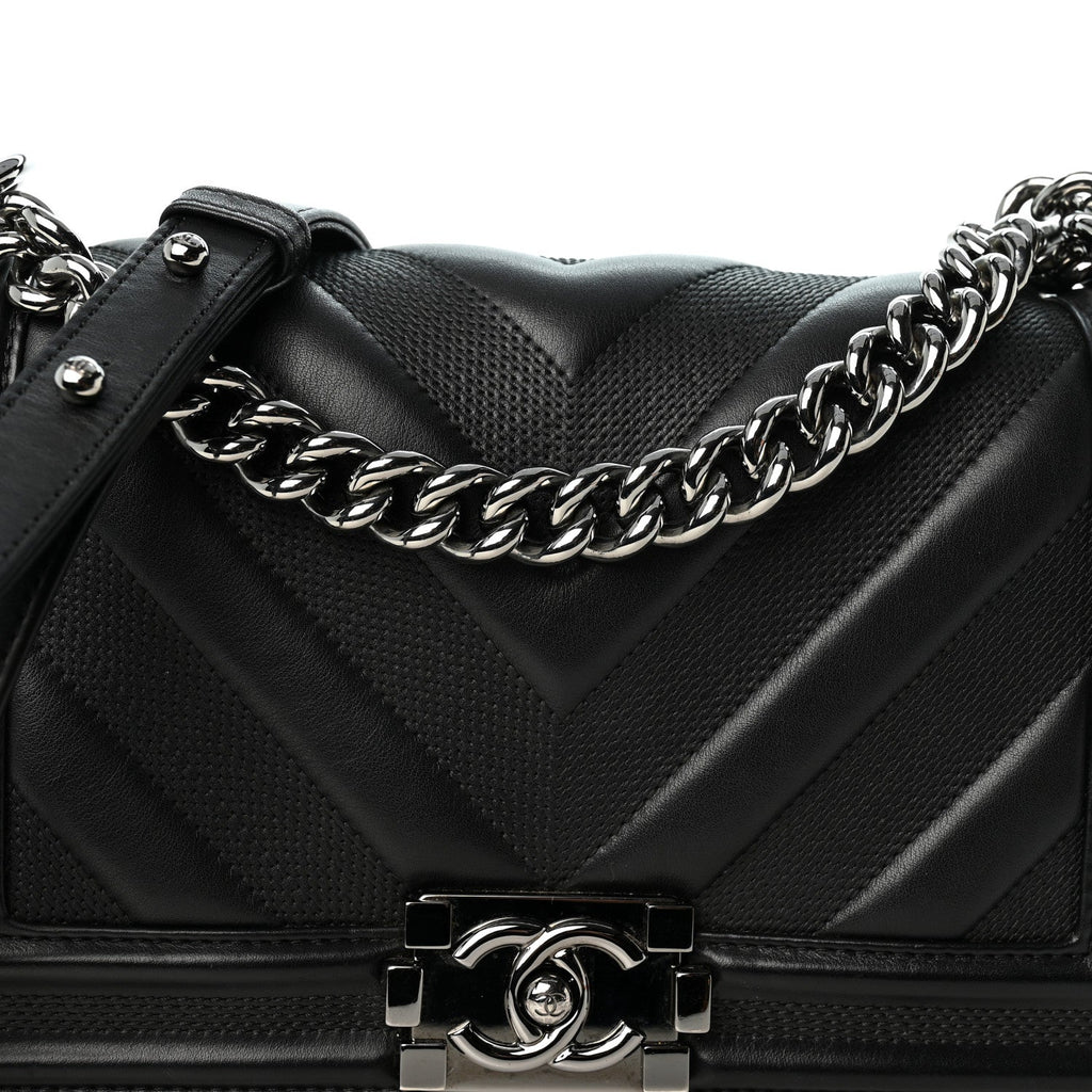 Calfskin Perforated Chevron Quilted Medium Boy Flap Black