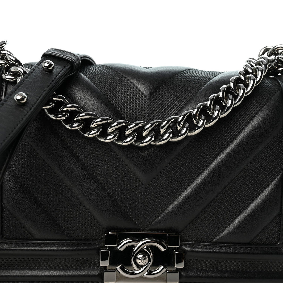Calfskin Perforated Chevron Quilted Medium Boy Flap Black