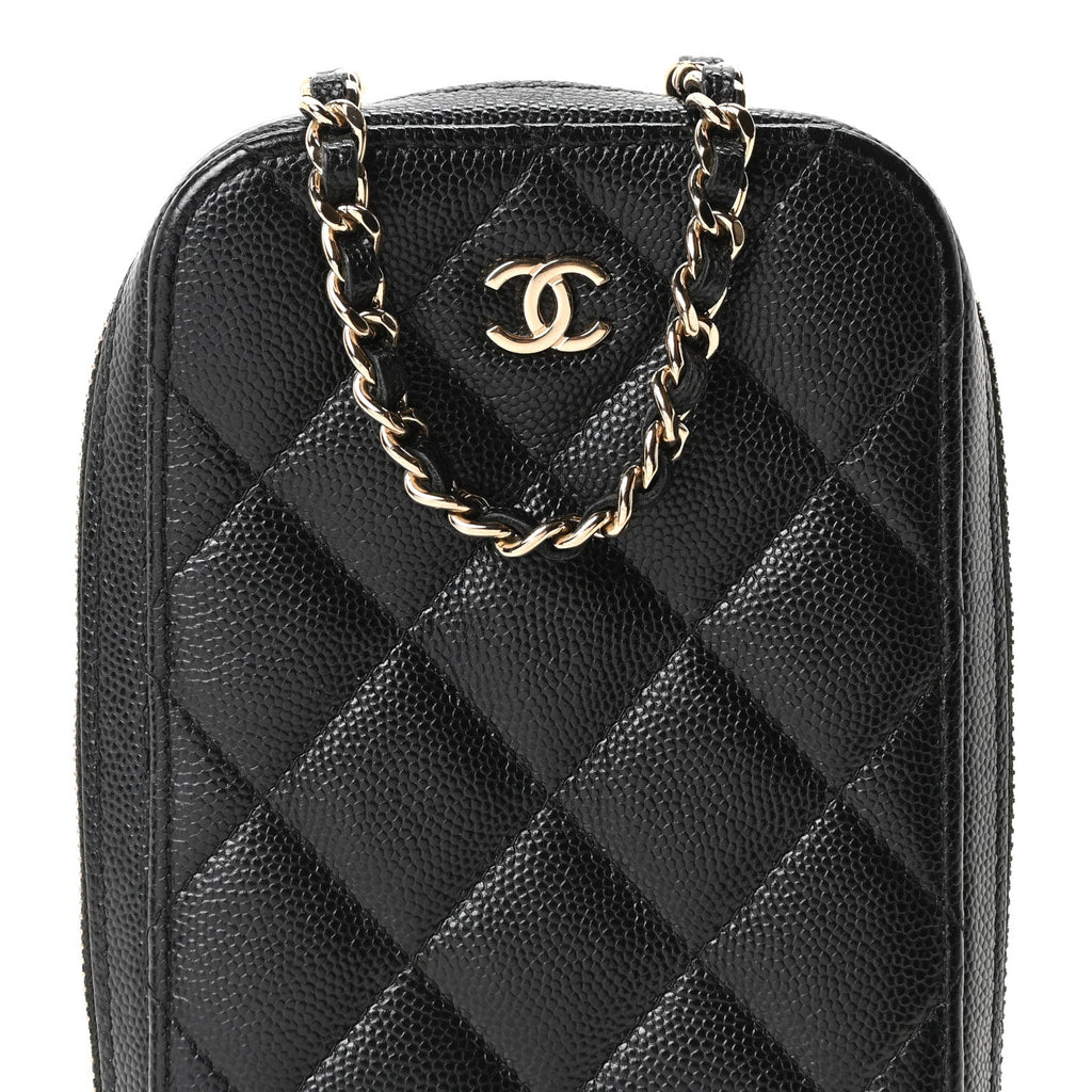 Caviar Quilted Phone Holder Wallet On Chain WOC Black
