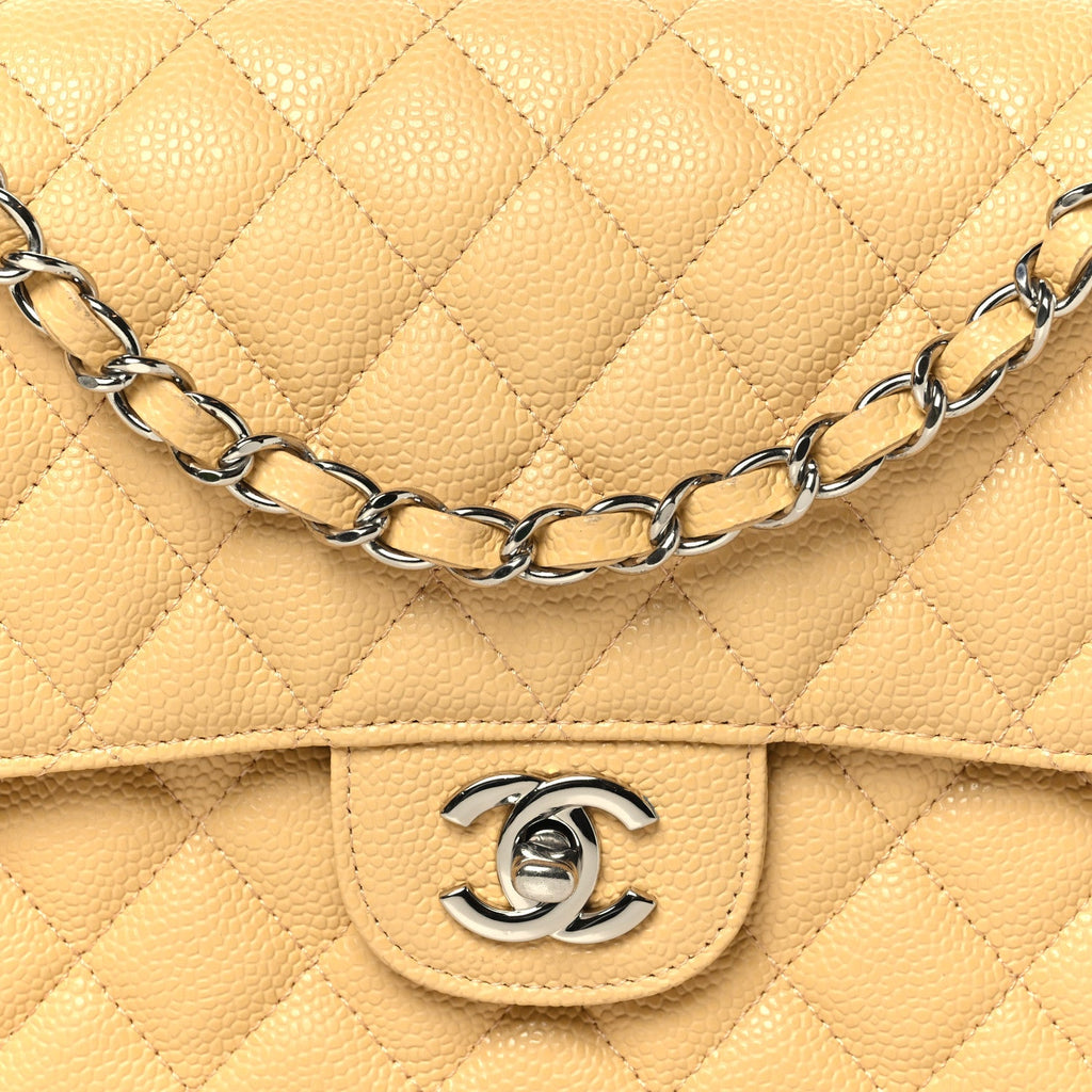Caviar Quilted Medium Double Flap Light Yellow