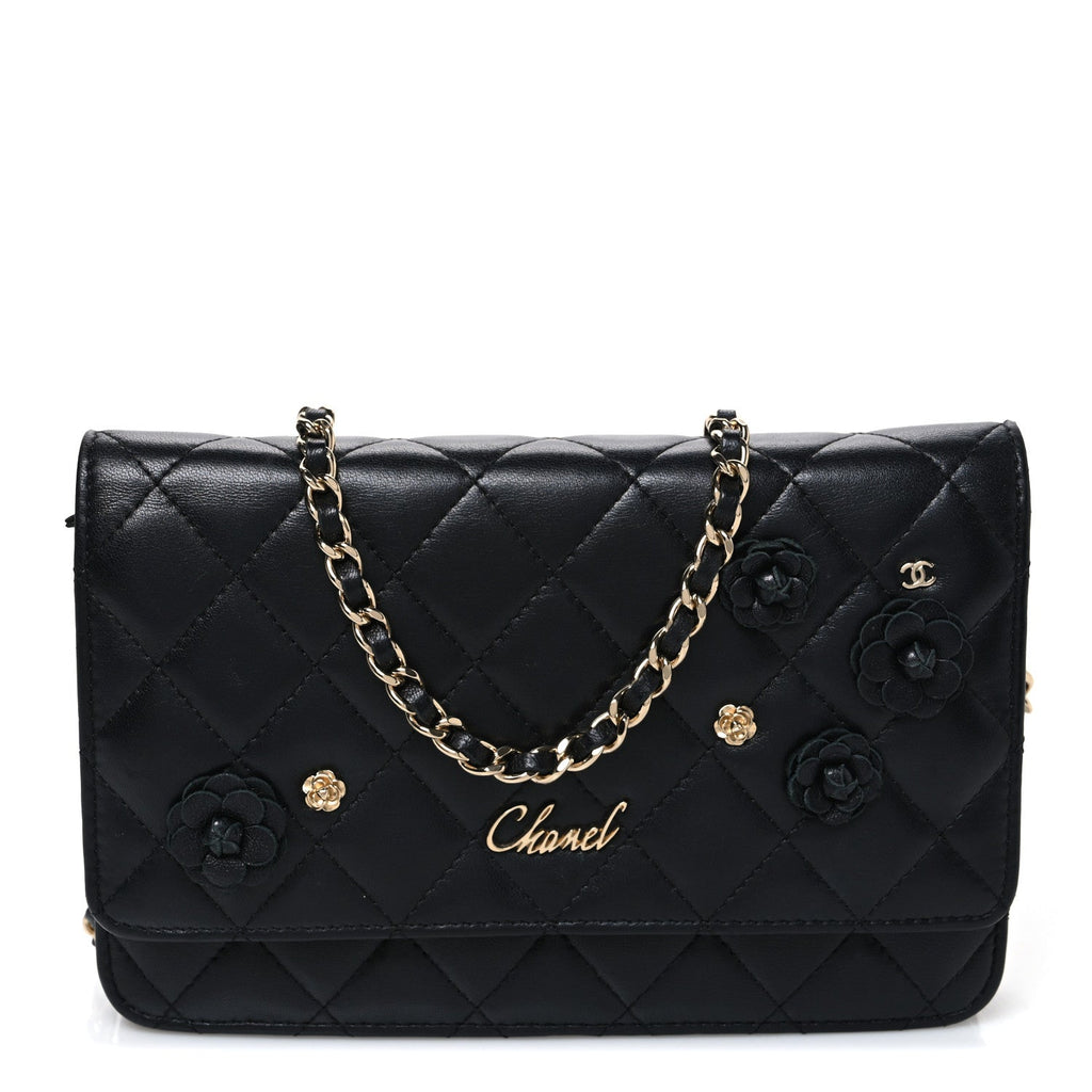 Lambskin Camellia Wallet on Chain WOC Black
