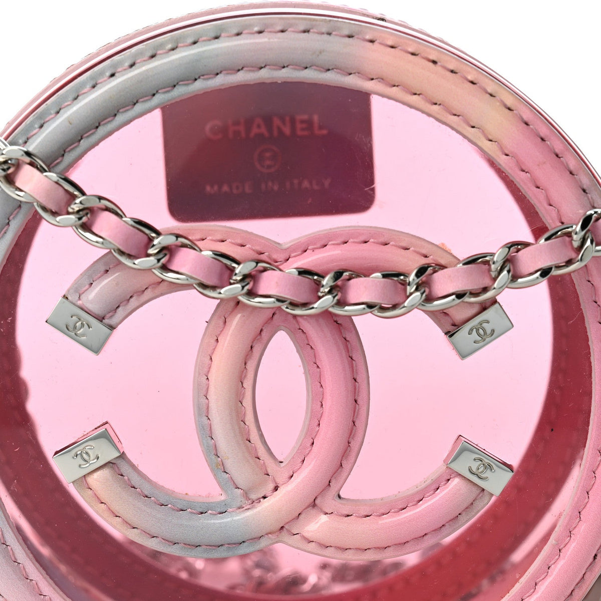 PVC Lambskin Filigree Round Clutch With Chain Pink