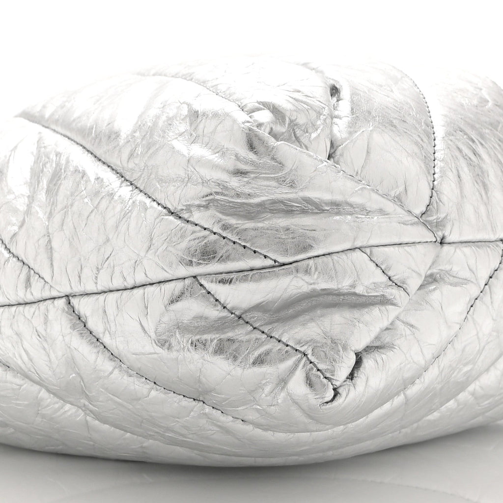 Crushed Calfskin Quilted Crush Small Tote Bag Silver