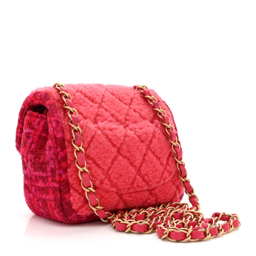 Shearling Tweed Quilted Mini Square Flap Bag Pink