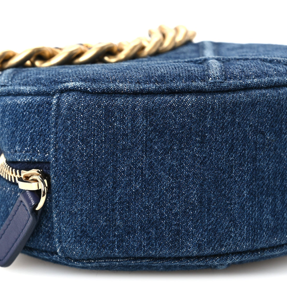 Denim Quilted Chanel 19 Round Clutch With Chain Blue