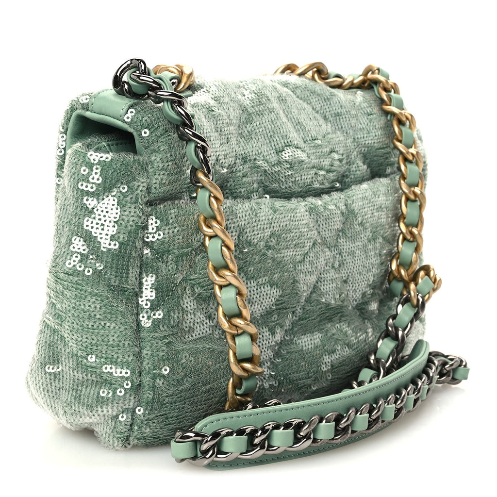 Sequin Quilted Medium Chanel 19 Flap Light Green