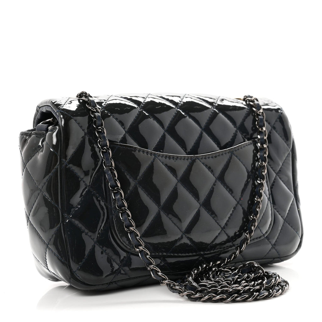 Patent Calfskin Quilted Mini Rectangular Flap Blue