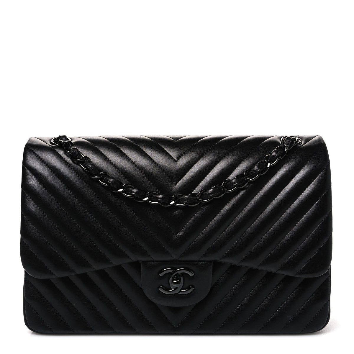 Lambskin Chevron Quilted Jumbo Double Flap So Black
