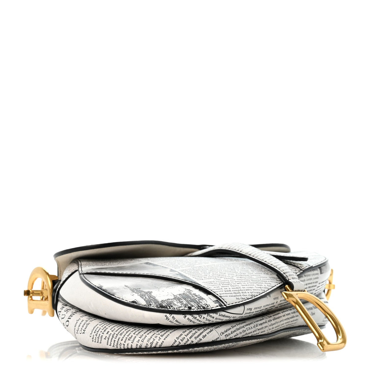 Calfskin Newspaper Printed Saddle Bag With Strap Black White