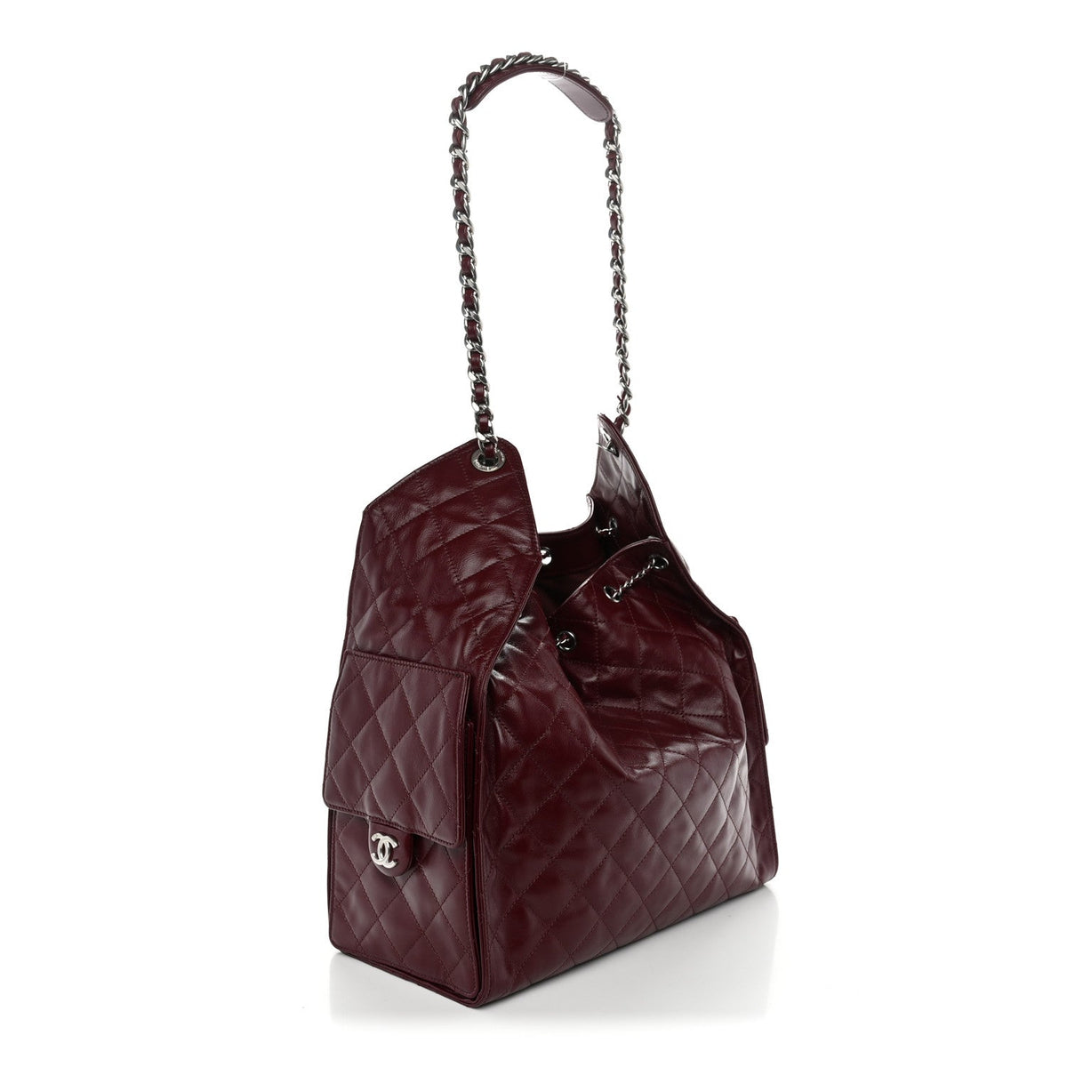 Shiny Crumpled Calfskin Quilted Medium Chanel 25 Handbag Dark Burgundy