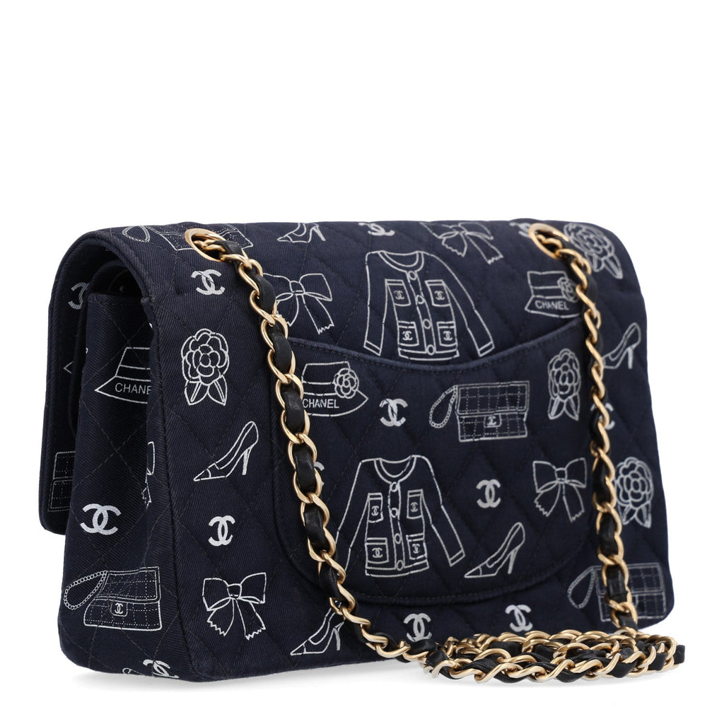 Canvas Printed Quilted Medium Double Flap Blue White