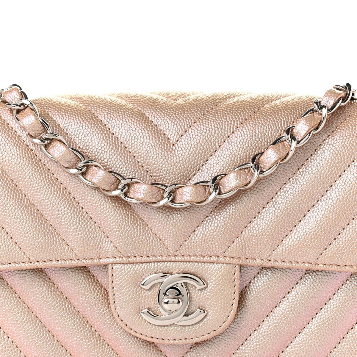 Iridescent Caviar Chevron Quilted Mini Rectangular Flap Light Gold