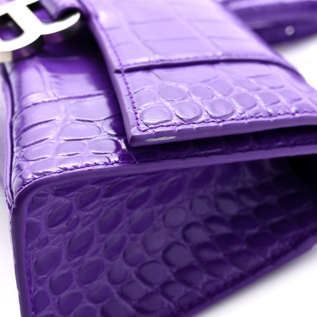 Shiny Calfskin Crocodile Embossed Hourglass Top Handle Bag XS Viola