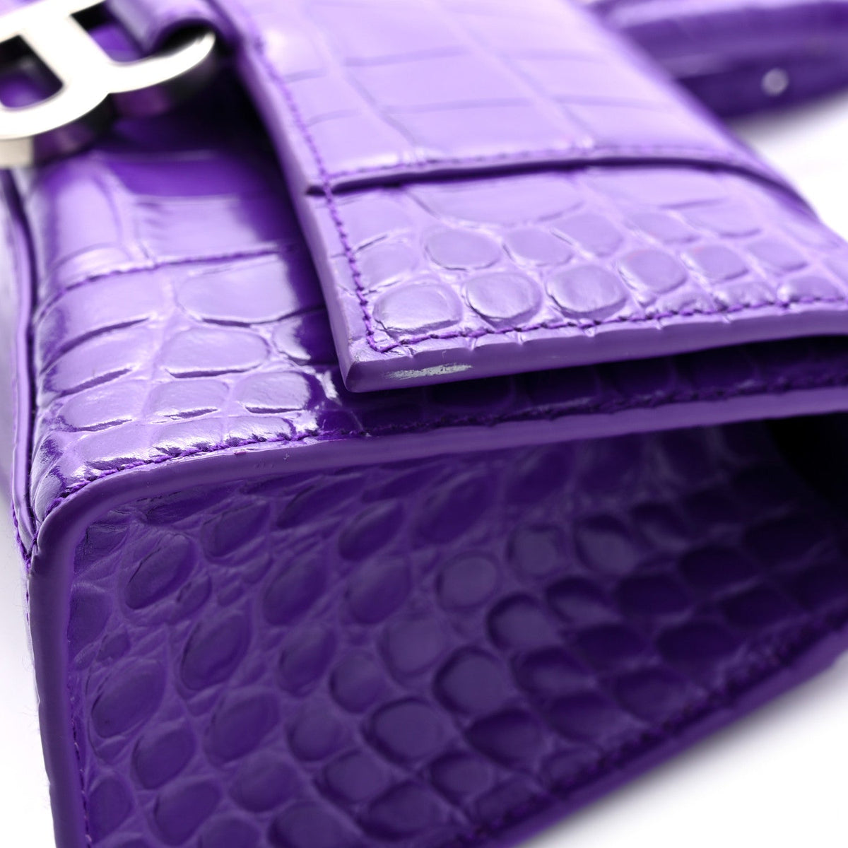 Shiny Calfskin Crocodile Embossed Hourglass Top Handle Bag XS Viola