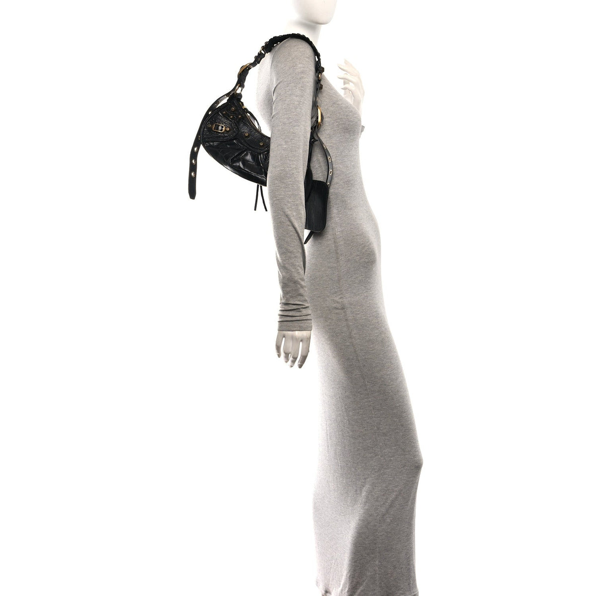 Extra Supple Calfskin Crocodile Embossed Le Cagole Shoulder Bag XS Black