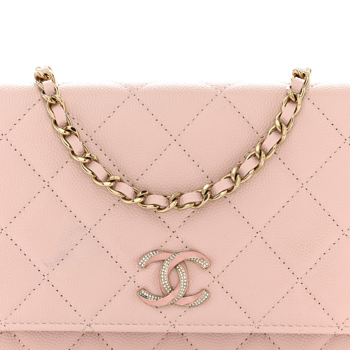 Caviar Quilted Crystal Enamel CC Wallet On Chain WOC Light Pink