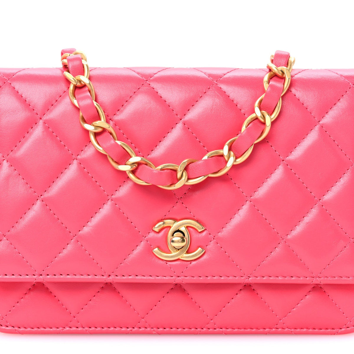 Lambskin Enamel Quilted CC Wallet on Chain WOC Pink