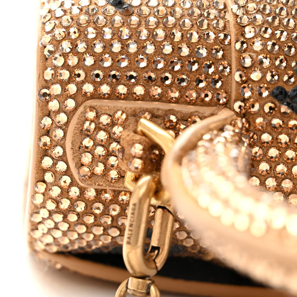Strass Suede Allover Logo Hourglass Top Handle Bag XS with Chain Gold Black