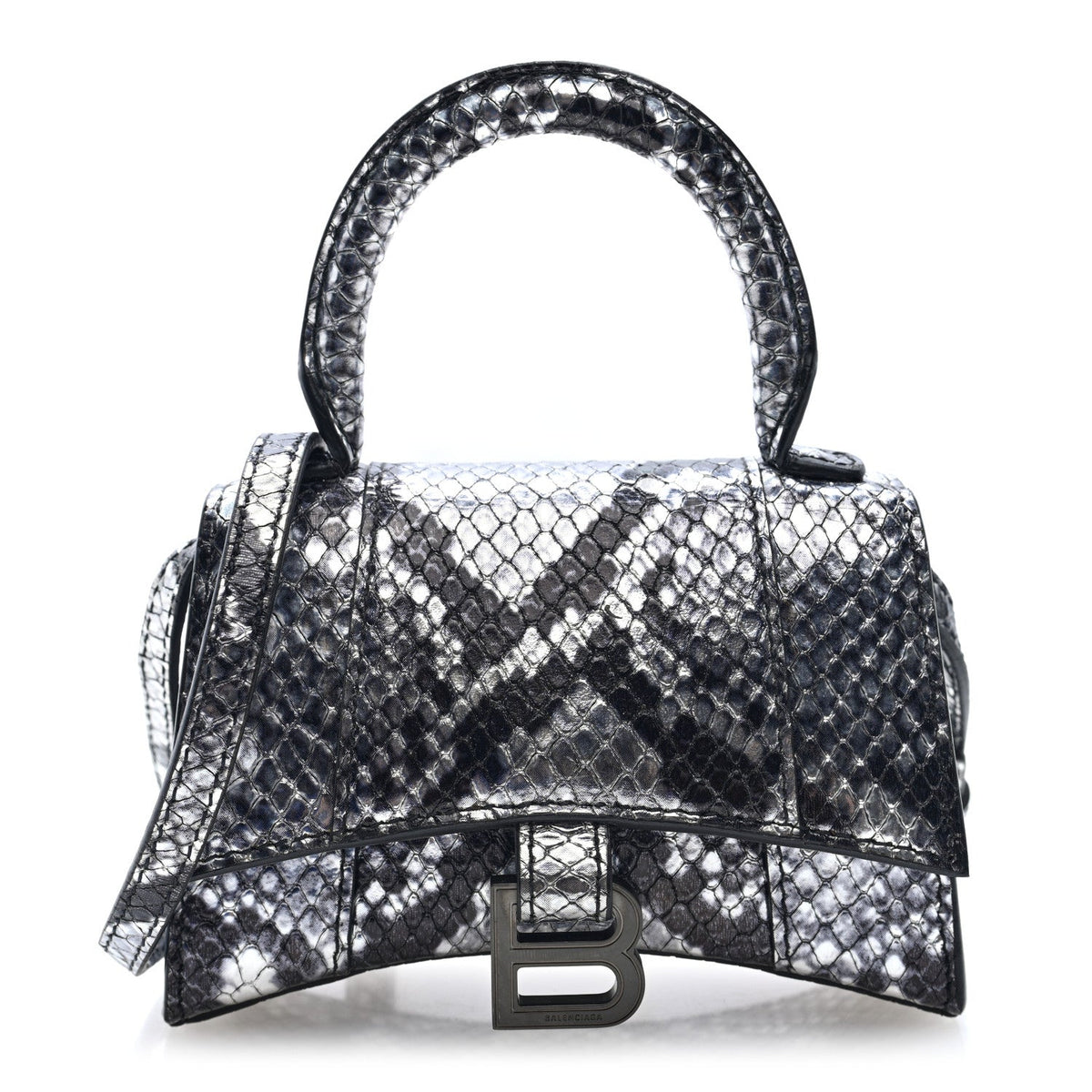 Shiny Calfskin Snakeskin Effect Hourglass Top Handle Bag Mini Silver Black