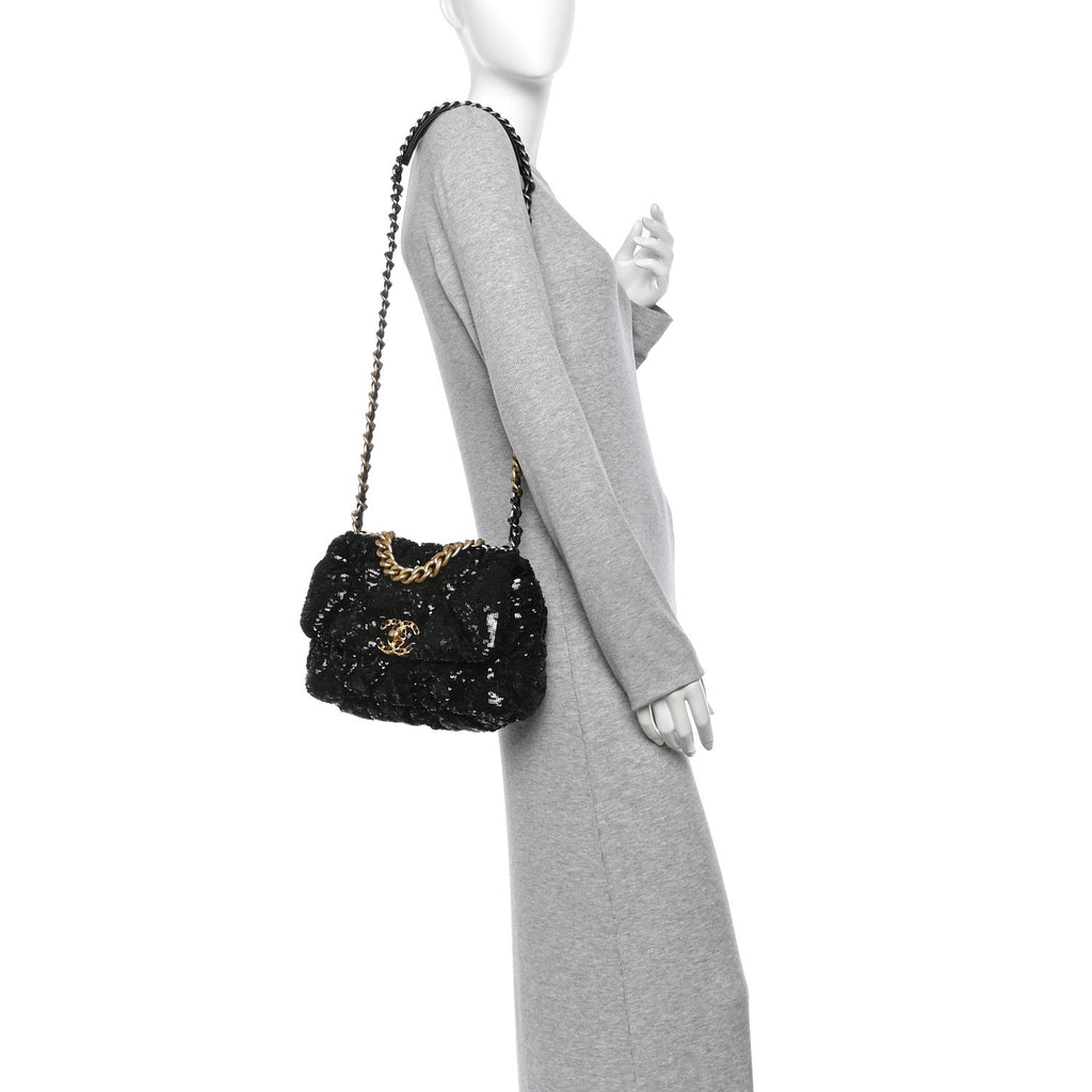 Sequin Quilted Medium Chanel 19 Flap Black