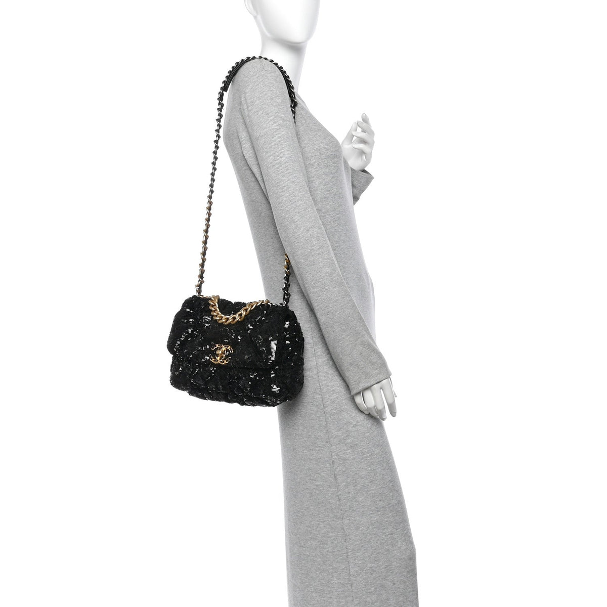 Sequin Quilted Medium Chanel 19 Flap Black