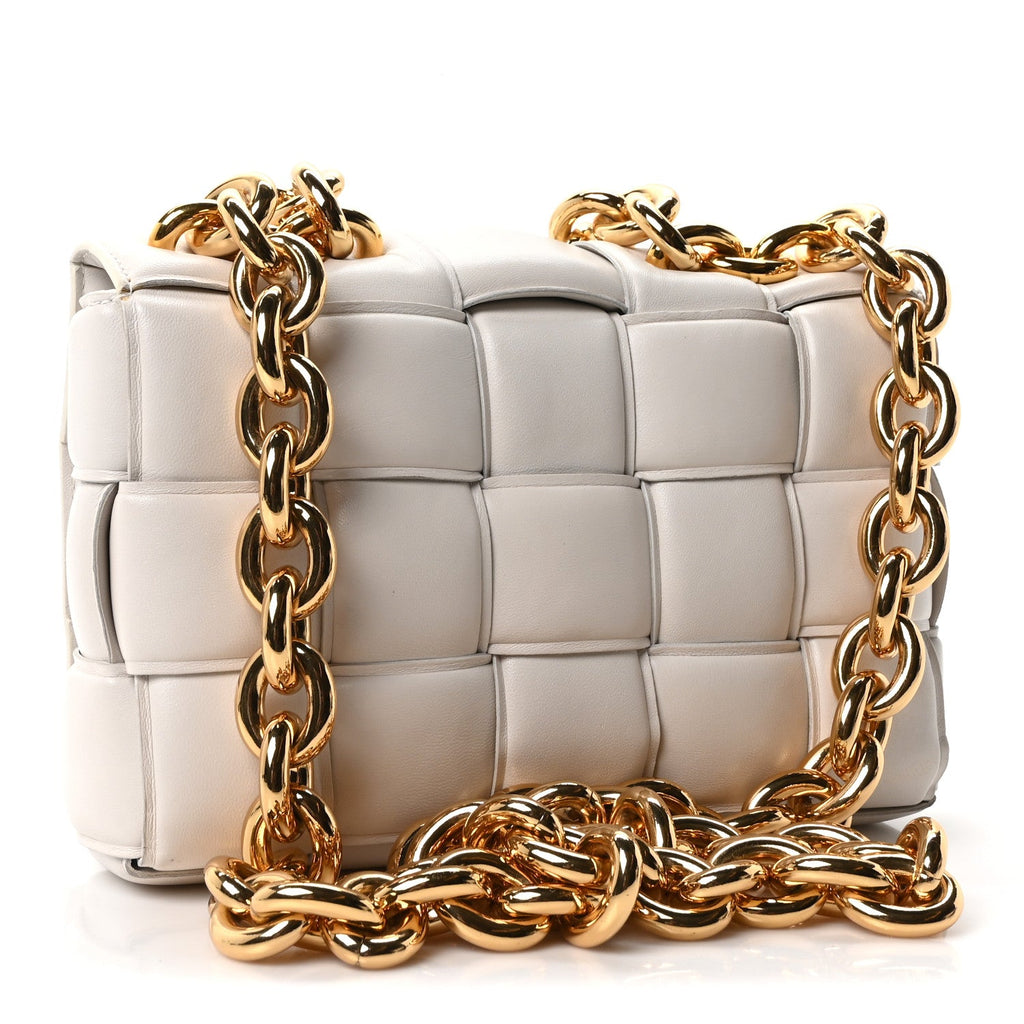 Lambskin Maxi Intreccio Padded Chain Cassette Crossbody Bag White