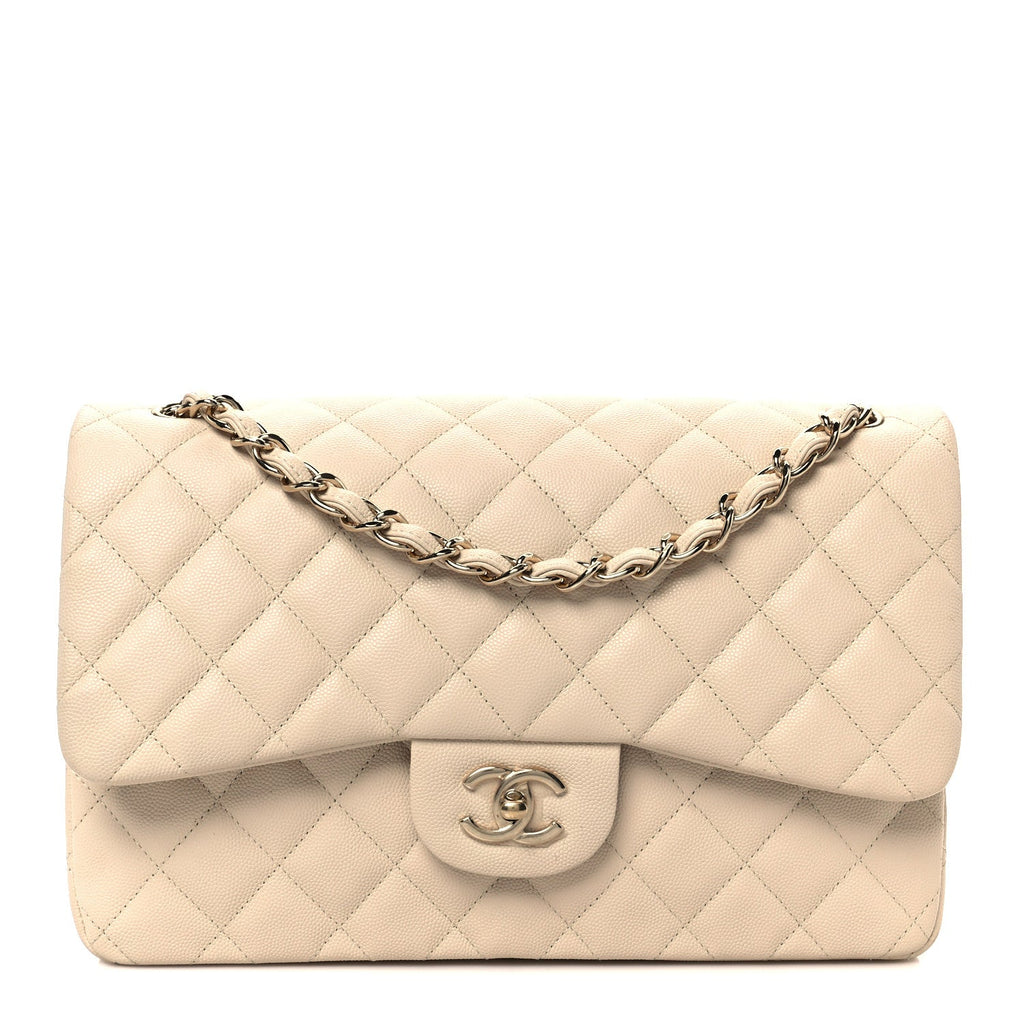 Caviar Quilted Jumbo Double Flap Light Beige