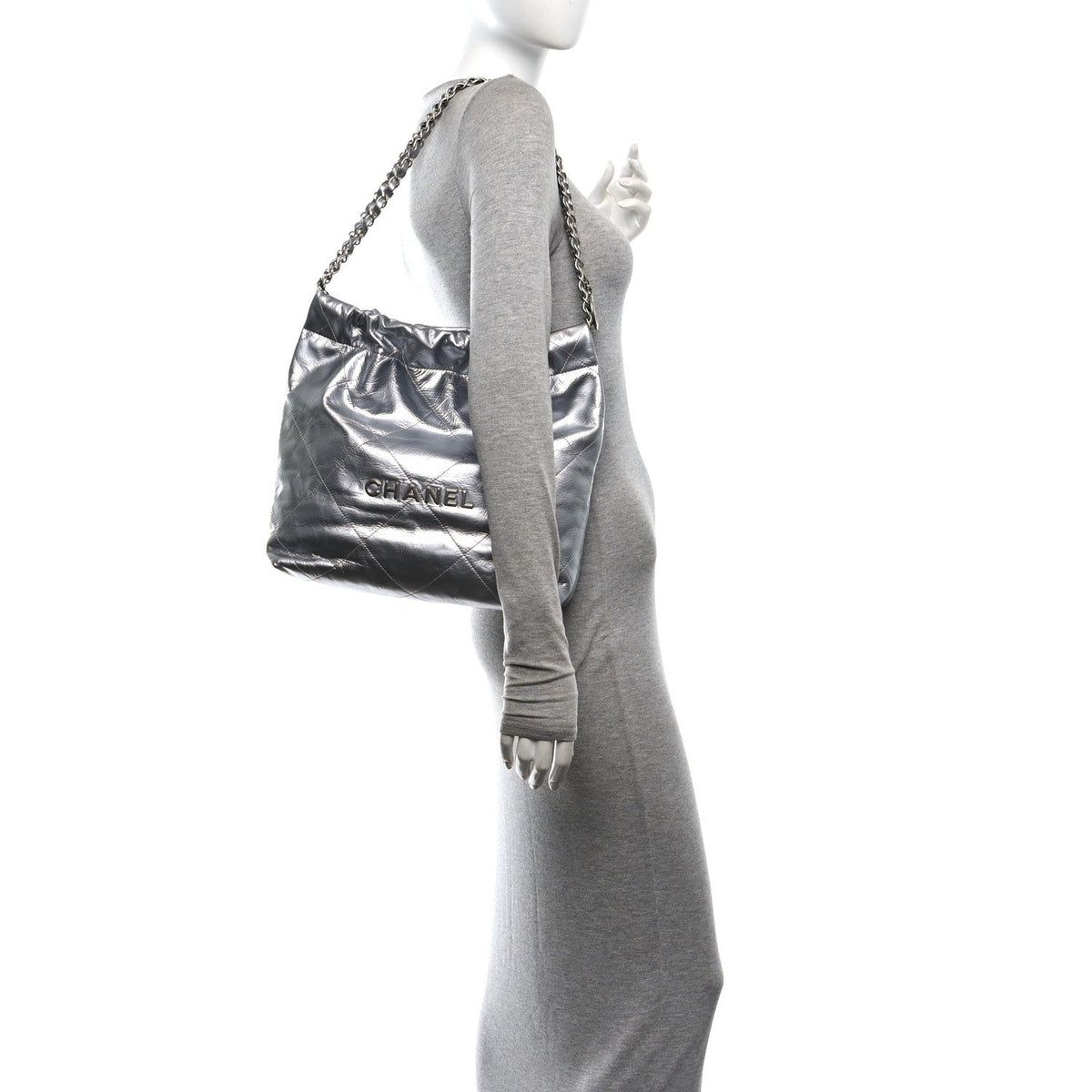Metallic Calfskin Quilted Small Chanel 22 Silver