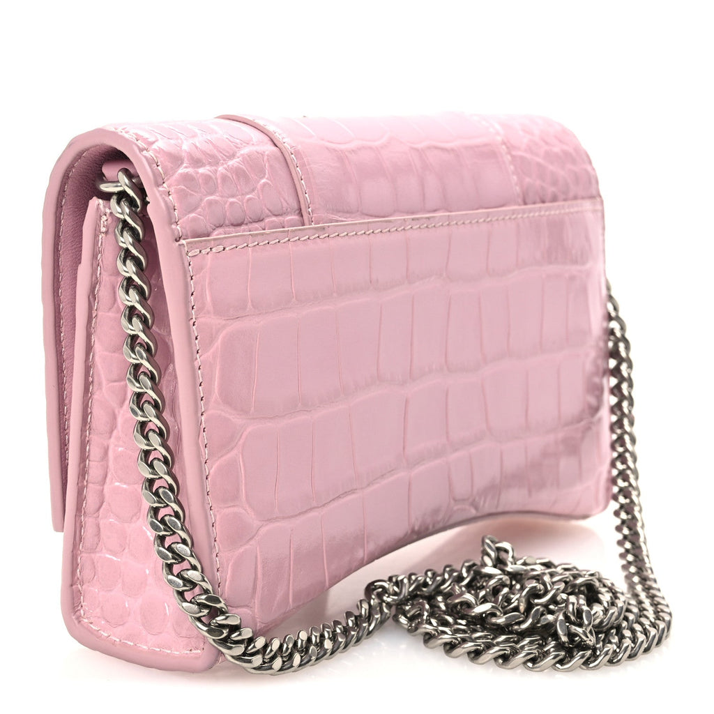 Shiny Calfskin Crocodile Embossed Hourglass Chain Bag Powder Pink