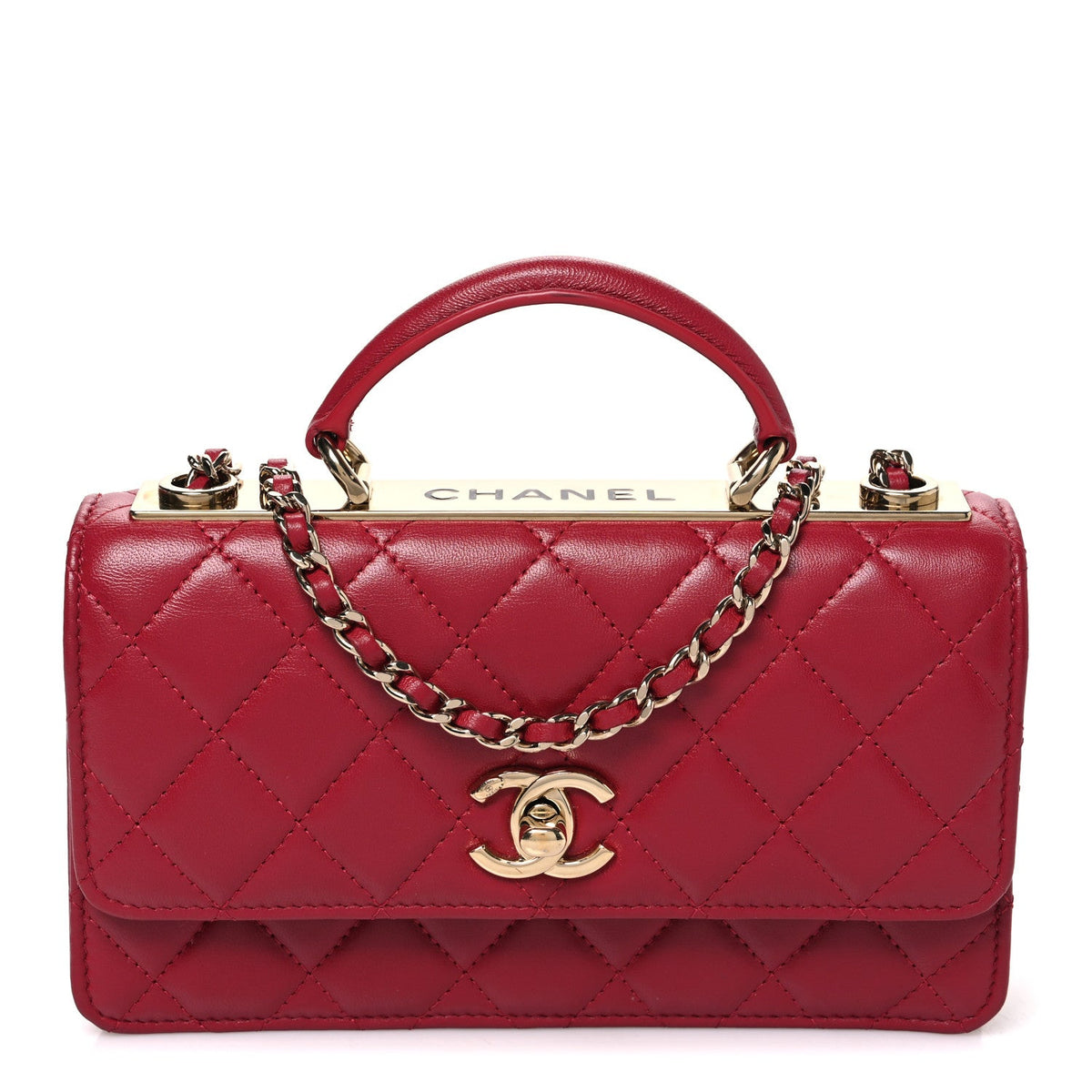 Lambskin Quilted Trendy CC Dual Handle Clutch With Chain Red