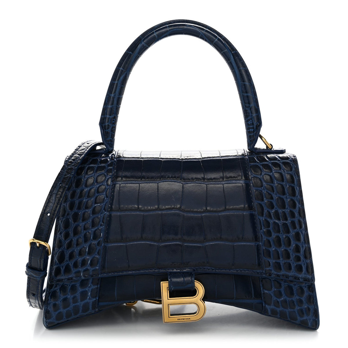 Shiny Calfskin Crocodile Embossed Small Hourglass Top Handle Bag Navy