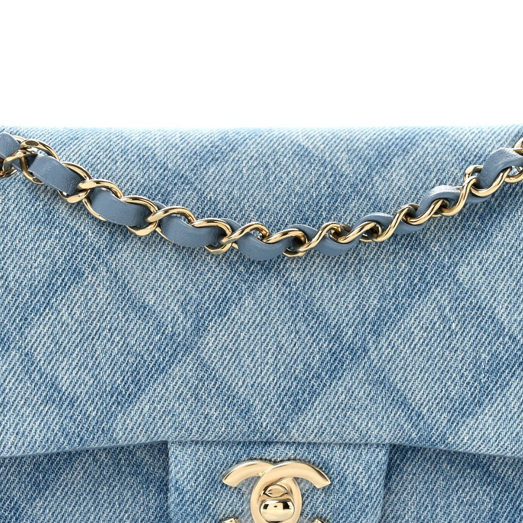 Printed Denim Quilted Small Double Flap Light Blue